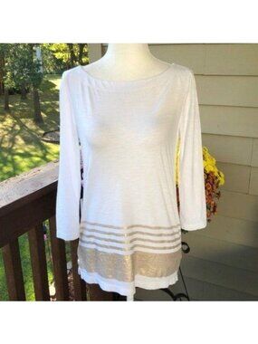 Loft Women's Ivory & Gold Stripe Boat Neck Top Boat Neckline 3/4-Sleeves Size XS